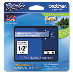 Brother White on Clear Laminated P-Touch Label Tape (1/2in X 26.25Ft.) (TZE-135)