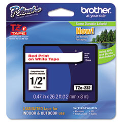 Brother Red on White Laminated P-Touch Label Tape (1/2in X 26.25Ft.) (TZE-232)