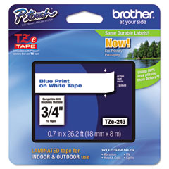 Brother Blue on White Laminated P-Touch Label Tape (3/4in X 26.25Ft.) (TZE-243)