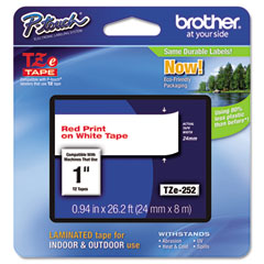 Brother Red on White Laminated P-Touch Label Tape (1in X 26.25Ft.) (TZE-252)