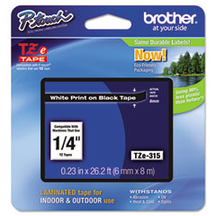 Brother White on Black Laminated P-Touch Label Tape (1/4in X 26.25Ft.) (TZE-315)