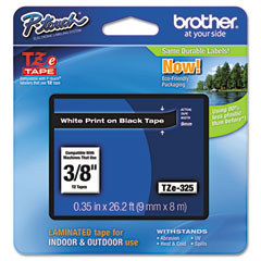 Brother White on Black Laminated P-Touch Label Tape (3/8in X 26.25Ft.) (TZE-325)