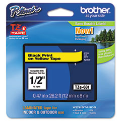 Brother Black on Yellow Laminated P-Touch Label Tape (1/2in X 26.25Ft.) (TZE-631)