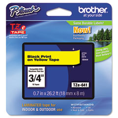 Brother Black on Yellow Laminated P-Touch Label Tape (3/4in X 26.25Ft.) (TZE-641)